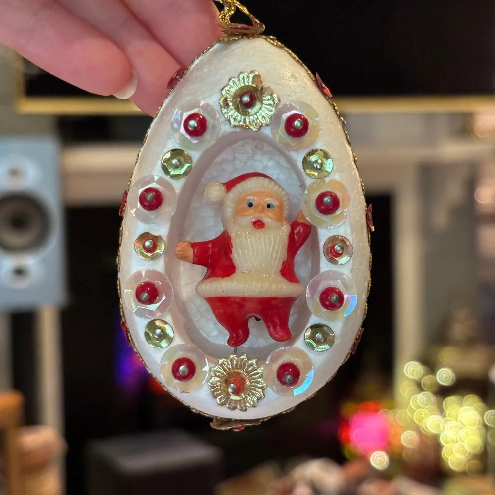 Vintage Diorama Santa Ornament White Egg Sequins Beads Retro